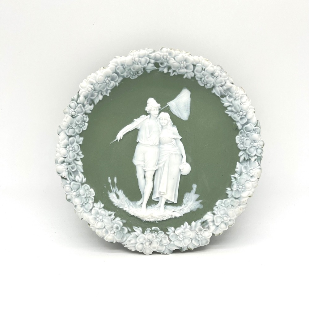 Vintage Unsigned Jasperware Sage Green White Couple Floral Relief Wall Hanger
